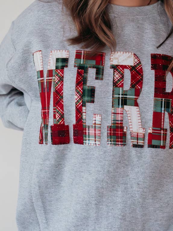 h.flynn - Wholesale Sweatshirt - Women's - PATCHWORK APPLIQUE MERRY - SPORT GREY CREW1