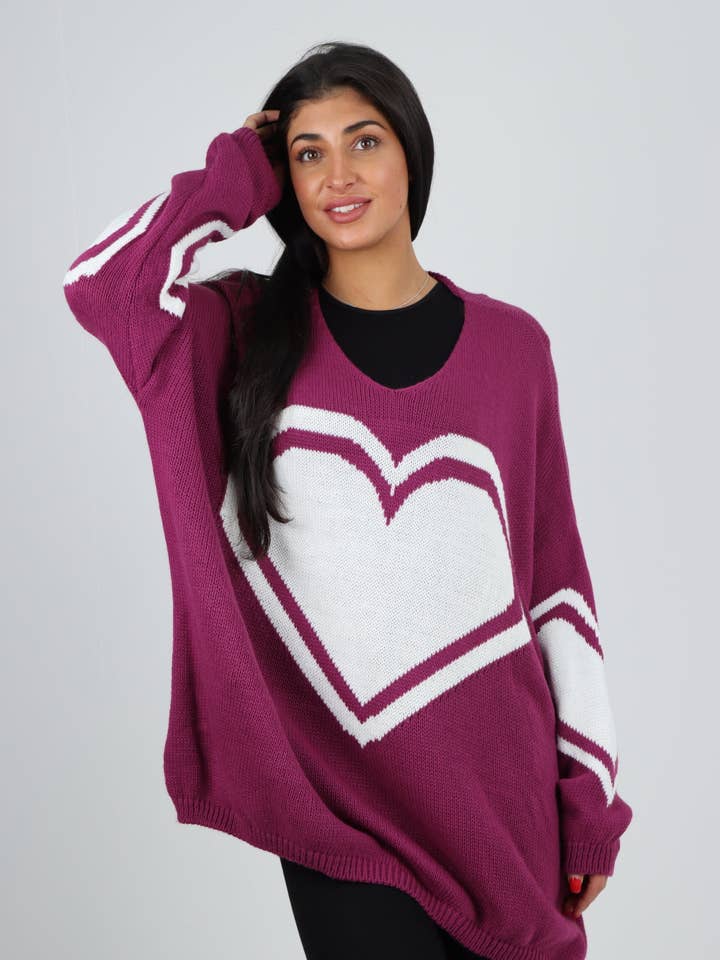 Miss Bold - Wholesale Tunic Sweater - Women's - Oversized Heart Print Knitted Jumper Top45