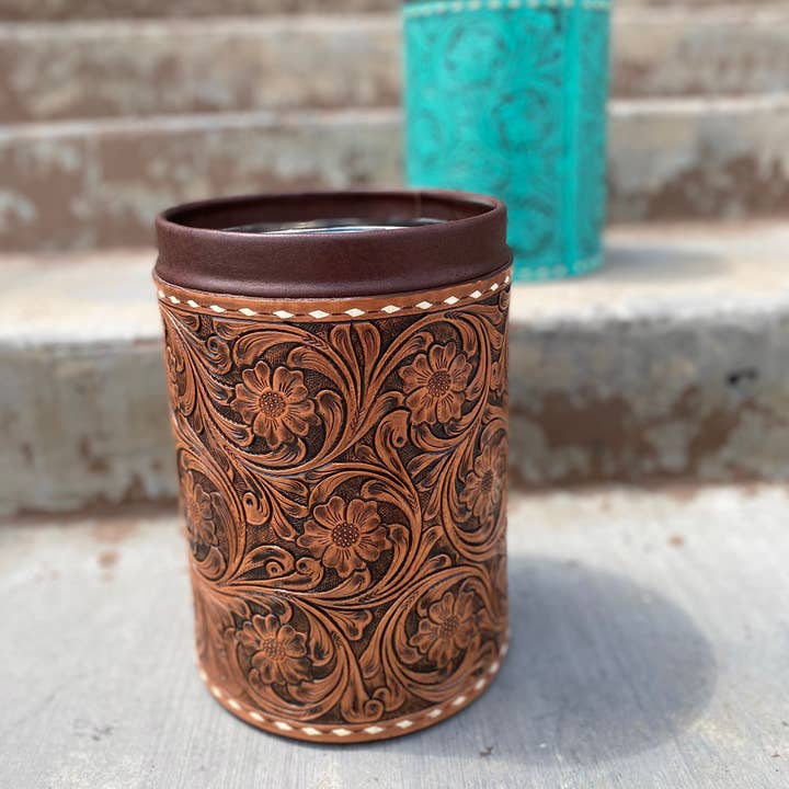 Western Linens - Wholesale Basket - Tooled Leather Basket Bin