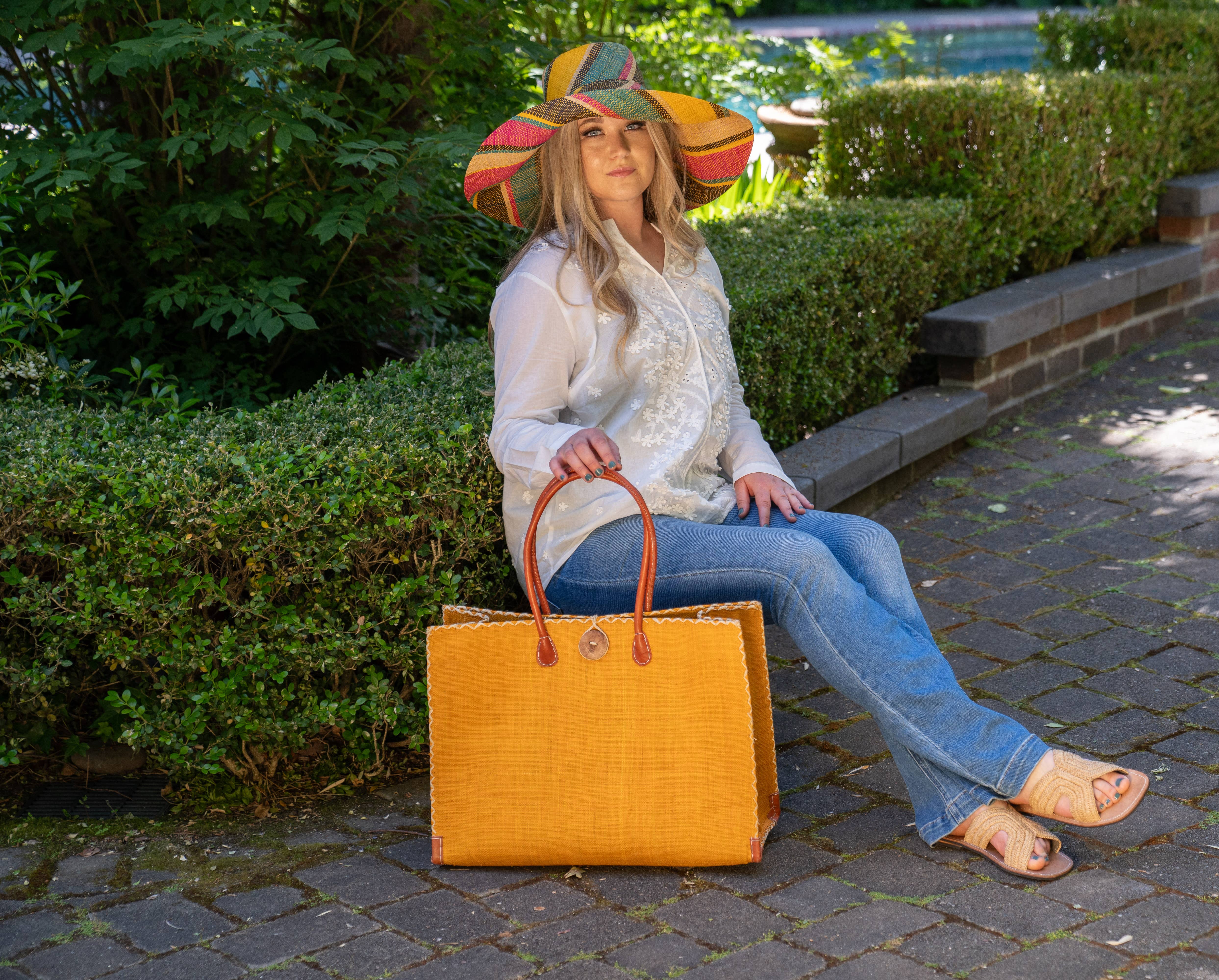 Shebobo - Wholesale Schoudertas - Uniseks - Zafran stevige strandtas van stro1