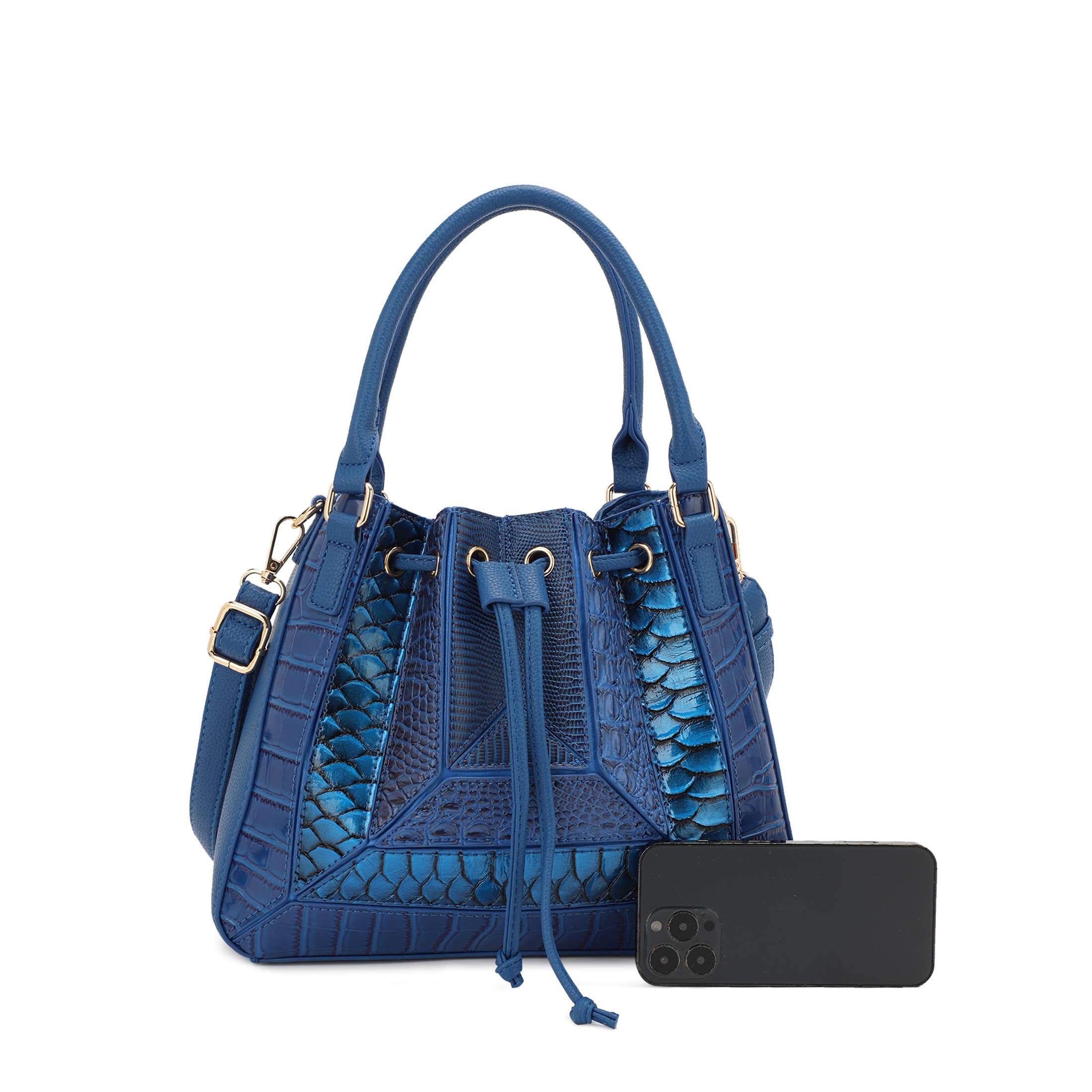 Black ROWENA PATCHWORK BUCKET BAG SET WITH WALLET for wholesale on Faire10