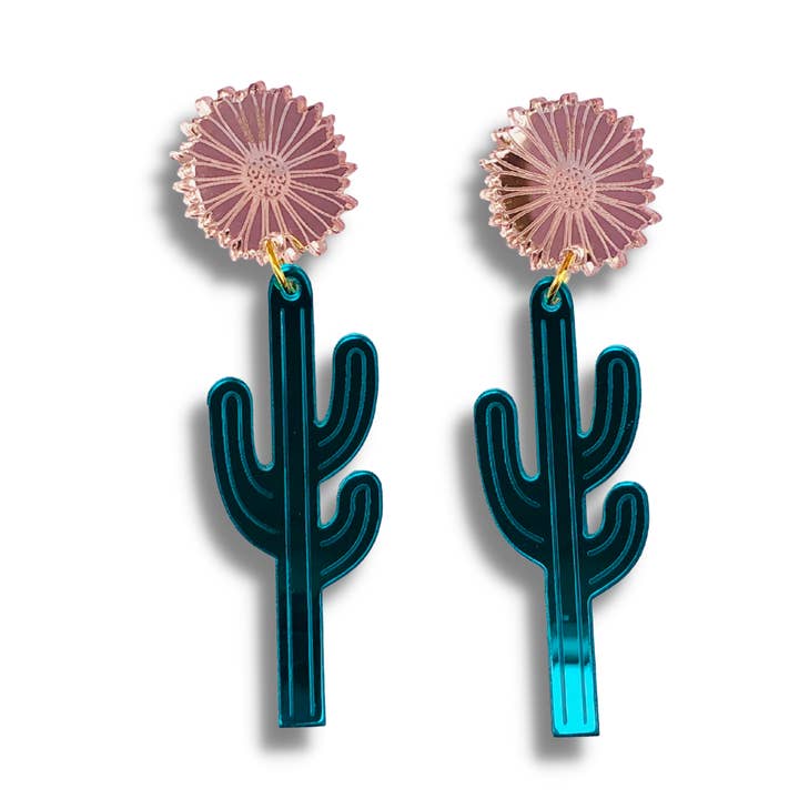 Saguaros Teal and Rose Gold Acrylic Earrings for wholesale by anamarinastudio