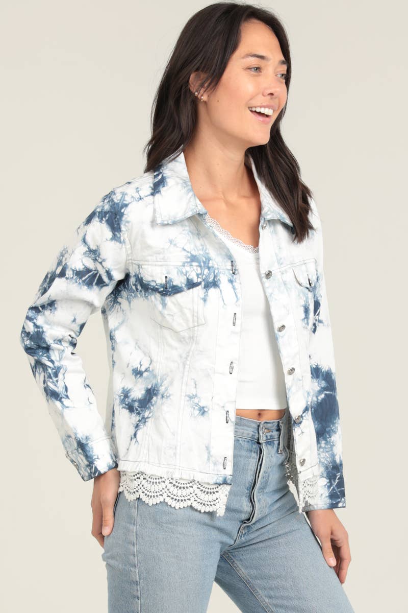 E2T83-ASIS BLEACH TIE DYE WASH DENIM JACKET WITH LACE HEM for wholesale on Faire1