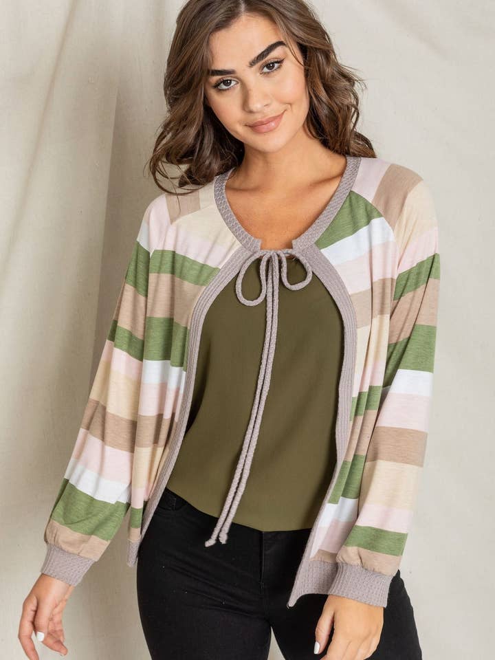 Cárdigan abierto con ribete de gofre a rayas multicolor Plus para venta al por mayor de EG fashion