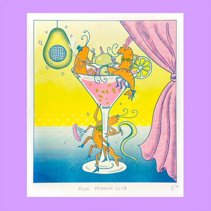 Pink Prawny Club - Risograph Print for wholesale by Tamiko Sidore Studio