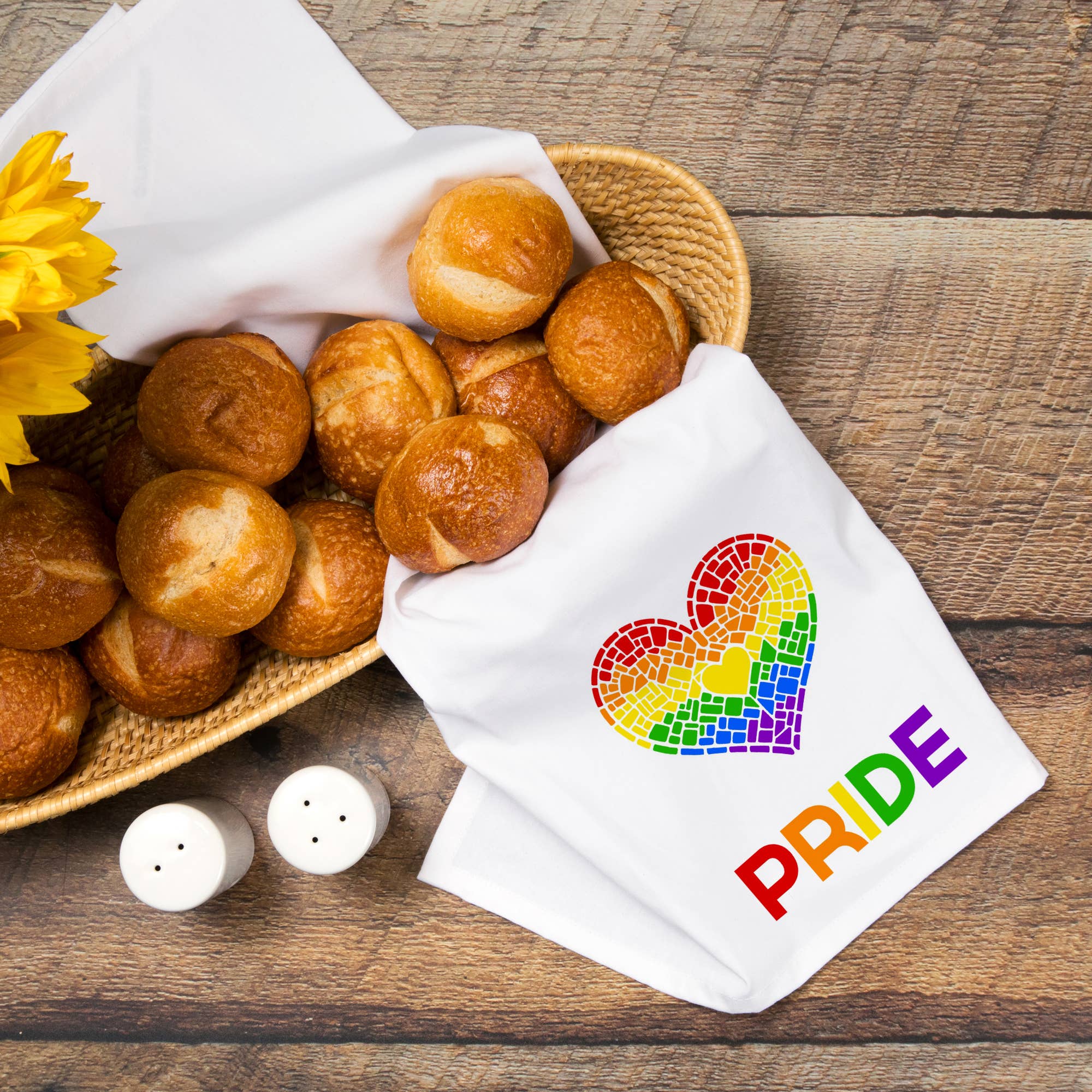 Lantern Press - Wholesale Tea Towel - ORGANIC TEA TOWEL Gay Pride, Mosaic Heart, Pride Colours7