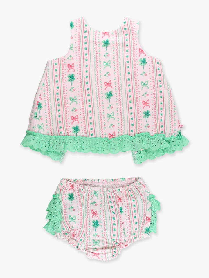 Baby Girls Clover Bows & Wishes Cotton Gauze Swing Top & Bloomer Set
for wholesale by RuffleButts + RuggedButts