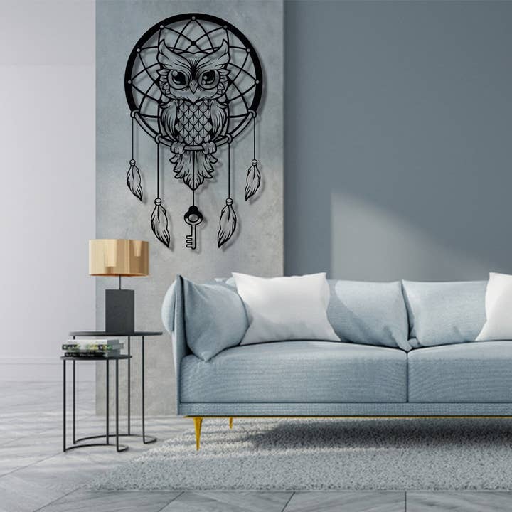 Decoración de arte de pared de metal con diseño de búho bohemio para venta al por mayor de benjashop