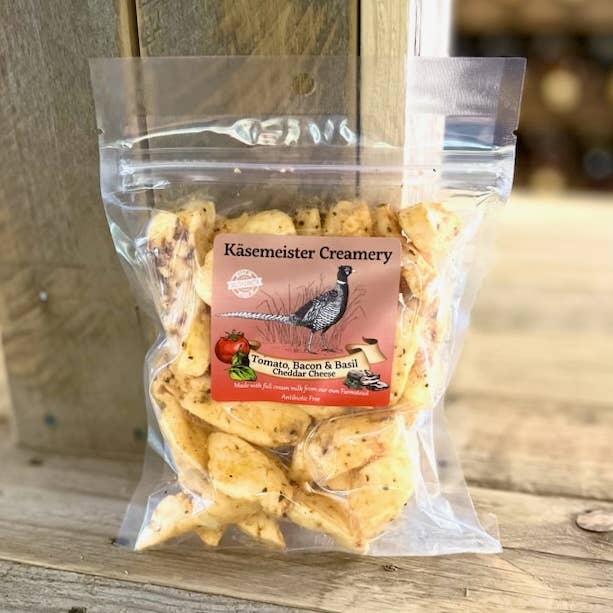Tomato Bacon & Basil Cheddar Cheese Curds for wholesale by Kasemeister Creamery