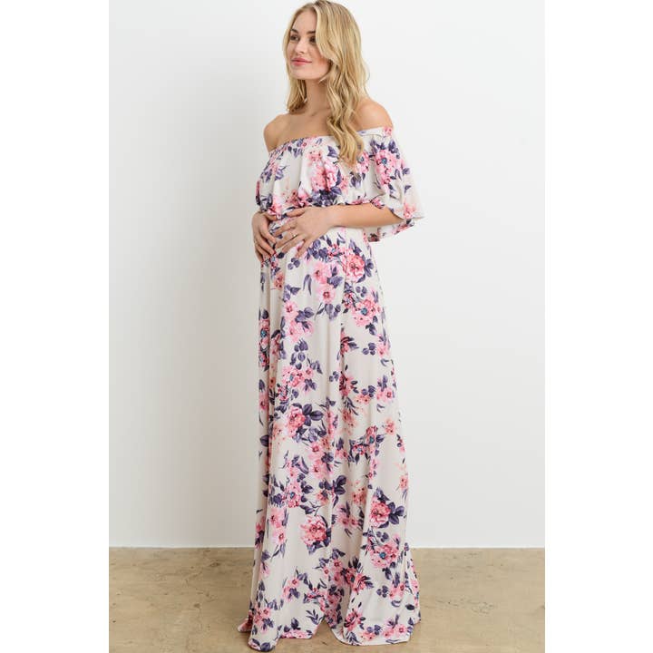 Pink and White Floral Maternity Ruffle Maxi Dress for wholesale by Hello Miz