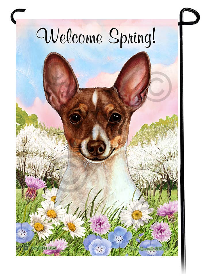 Toy Fox Terrier Chocolate Tri-Color - Welcome Spring G Flag for wholesale by Pet Gifts USA, LLC