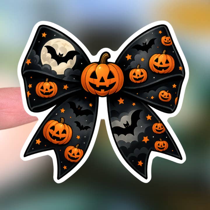Pumpkin & Bat Halloween Bow Sticker for wholesale by The Bookmark Coven