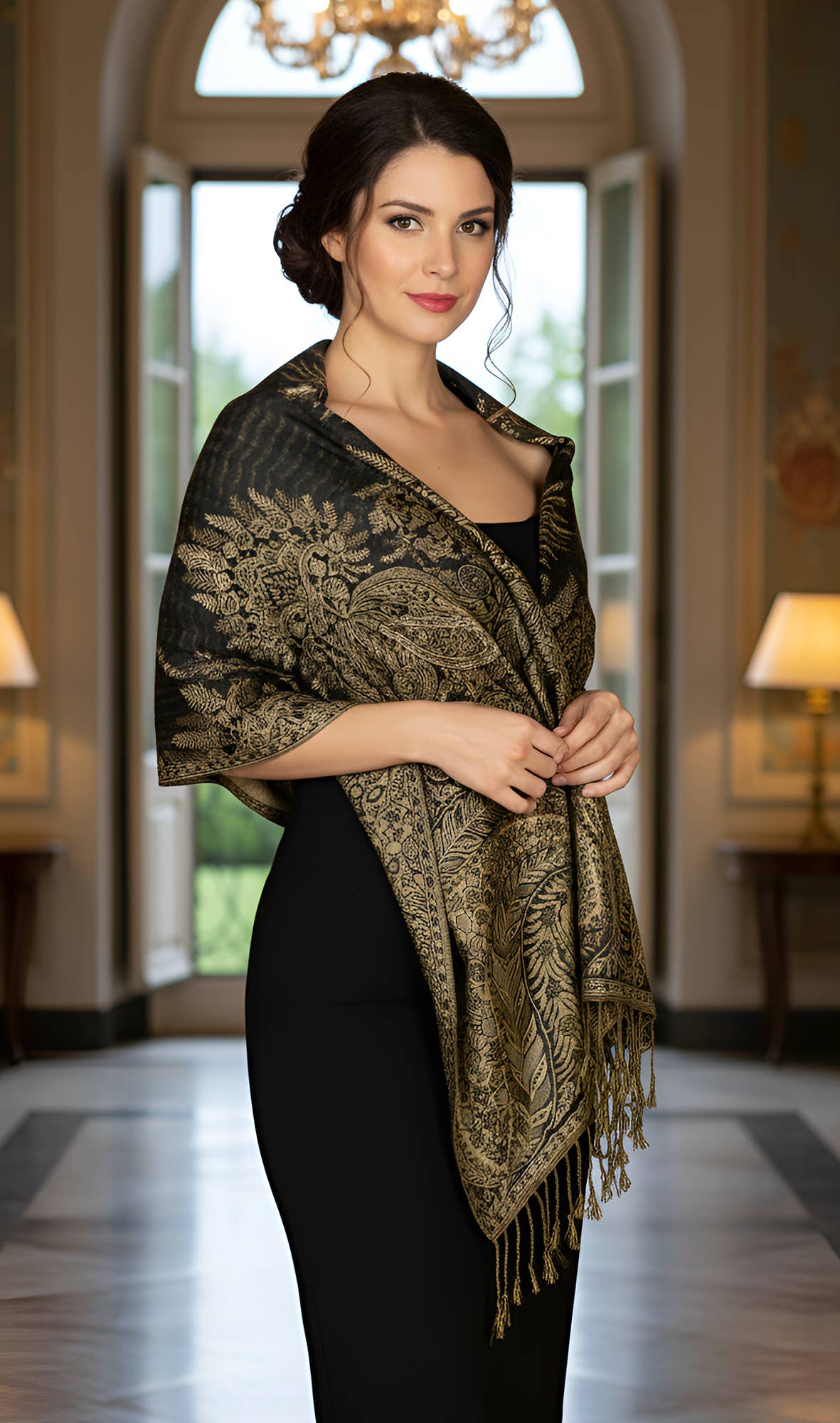 SERENITA – wholesale Halsduk - Dam – Stor paisley pashmina-sjal med tvåsidigt mönster och fransar1