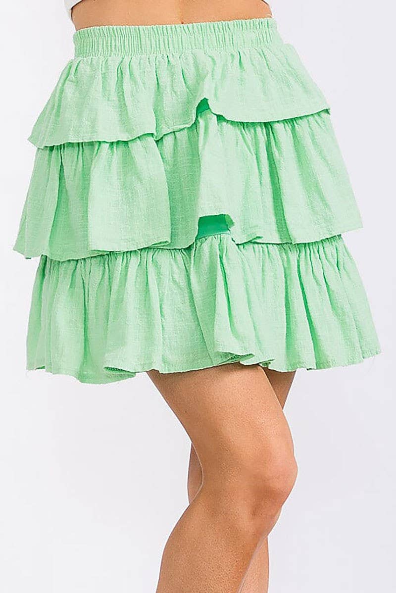ROUSSEAU - Wholesale Skirt - Women's - SOLID RUFFLE TIERED ELASTIC WAIST MINI SKIRT