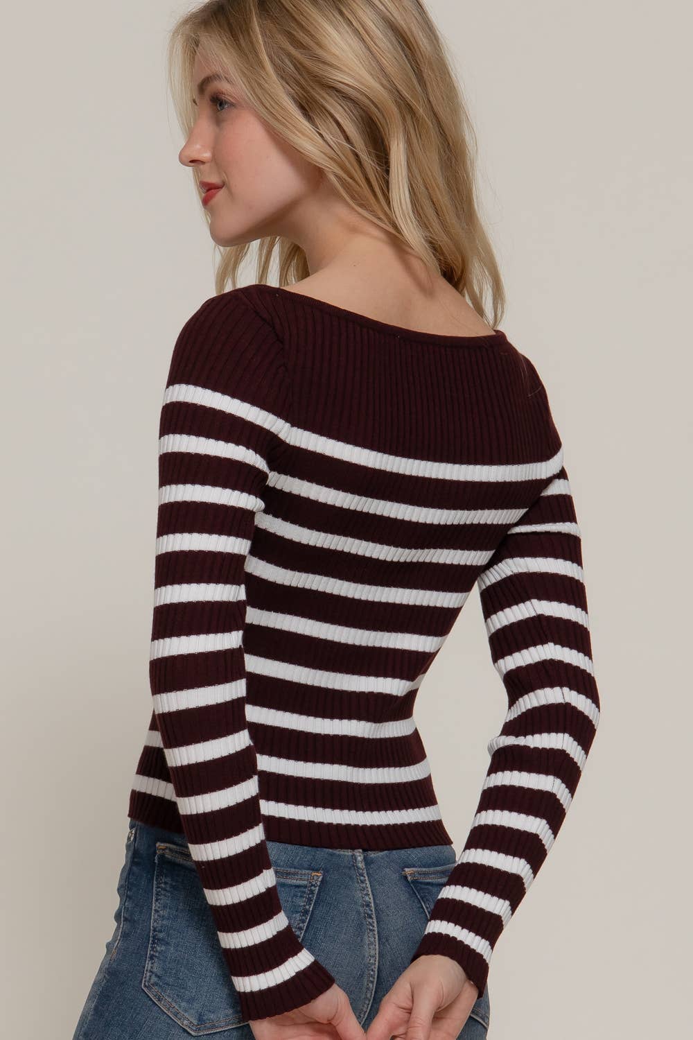 Active Basic | Active USA - Wholesale Knit Sweater - Women's - Long Sleeve Boat Neck Stripe Sweater9