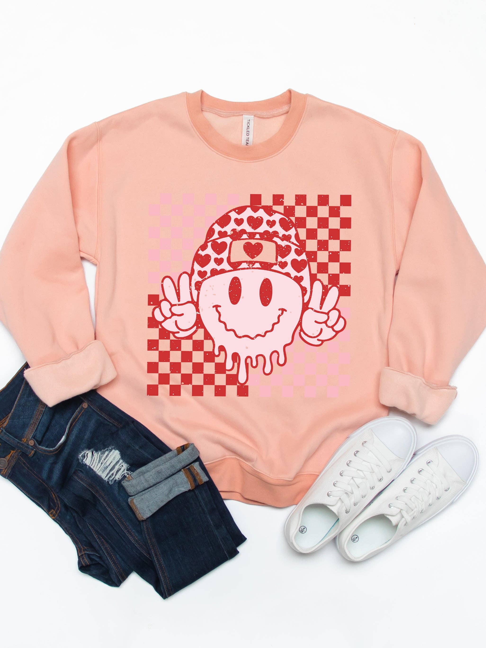 Tickled Teal – wholesale Graphic sweatshirt – Women’s – Checker Valentine Smiley Face Graphic Sweatshirt4
