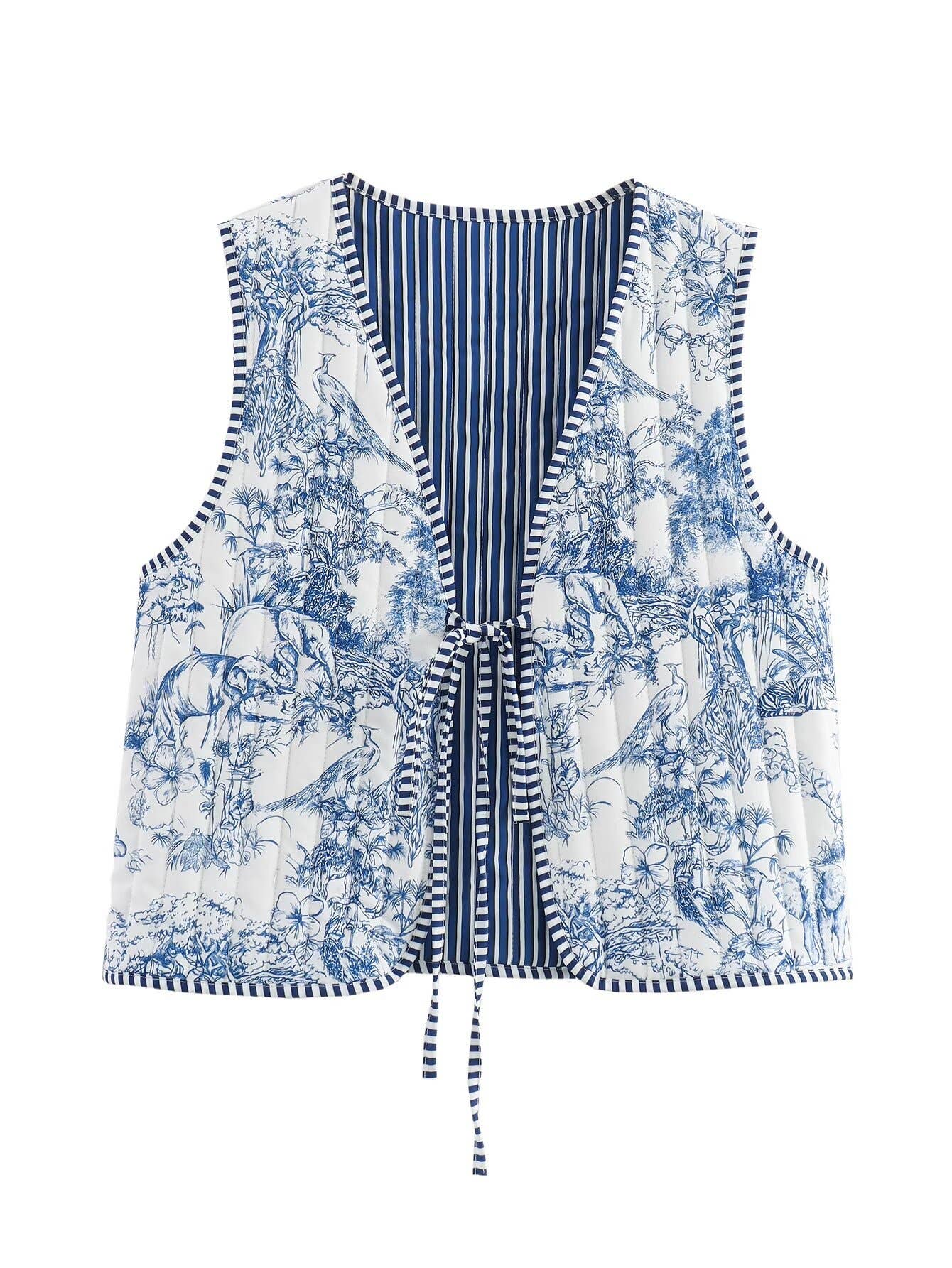 Rosa Clothing - Wholesale Outerwear Vest - Women's - Oriental porcelain printed Tie front Floral quilted vest13