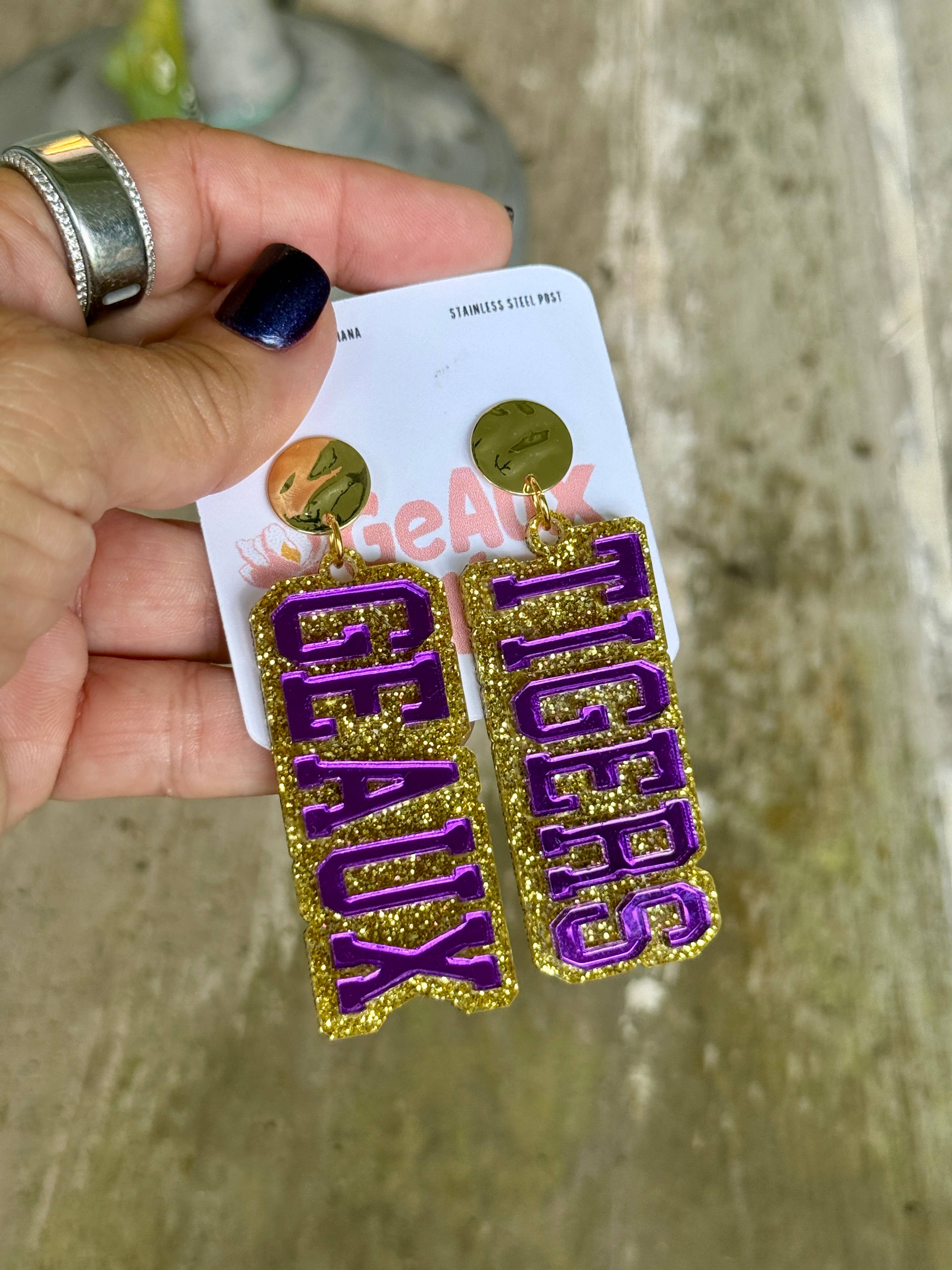 Geaux Magnolia – wholesale Hängande örhängen – Geaux Tigers Lager-på-lager Spegel & Glitter Dinglande Örhängen LSU3