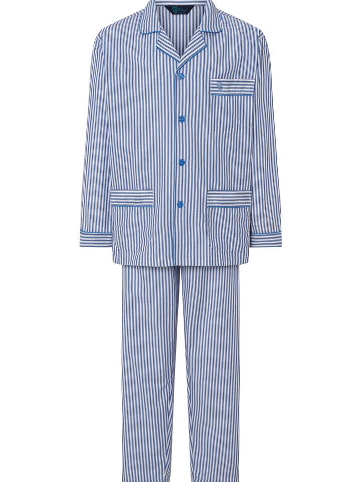 Men's Long Pajamas with Lapel Poplin Stripes - Blue 1404 for wholesale on Faire0