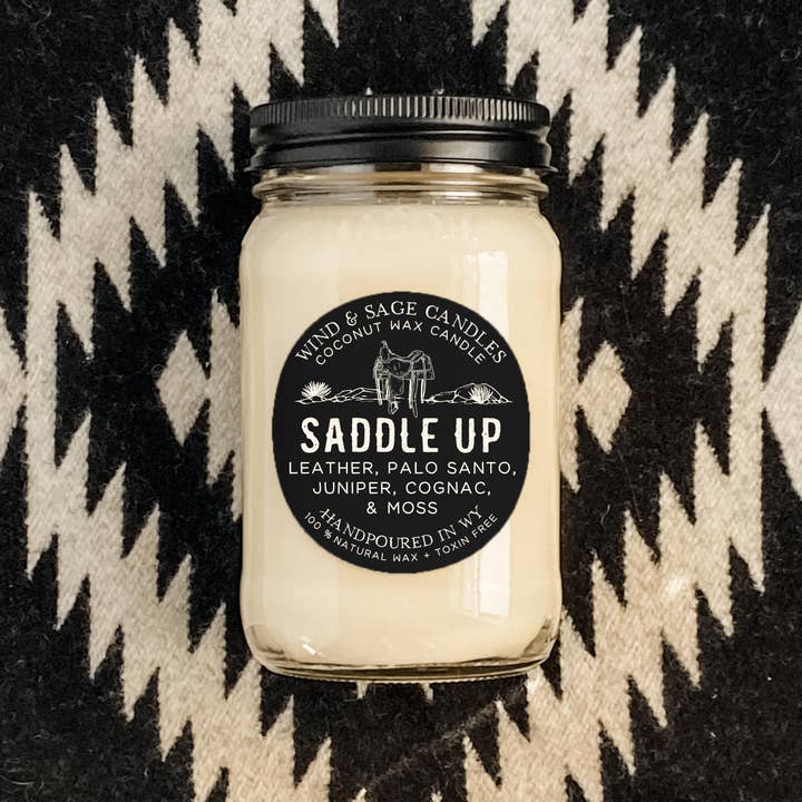 Saddle Up Mason Jar Candle, 100% Natural Wax, Made in WY for wholesale by Wind & Sage