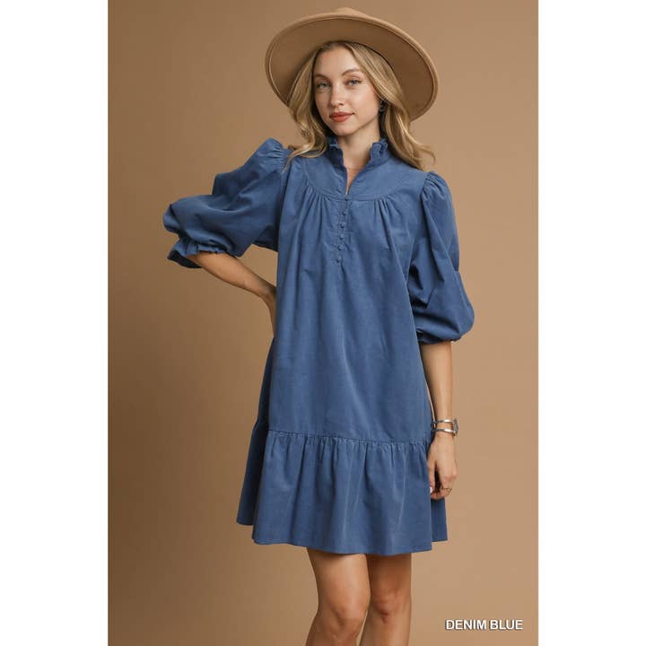 Corduroy Puff Sleeve Tiered Mini Dress for wholesale by STYLE USA