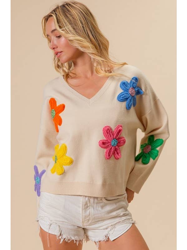 OATMEAL Crochet Flower Patches Sweater for wholesale on Faire