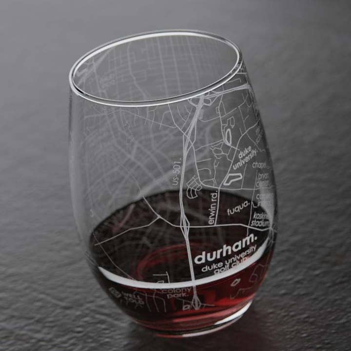 Well Told - Wholesale Wine Glass - Durham NC - Duke Uni College Town Map Stemless Wine Glass