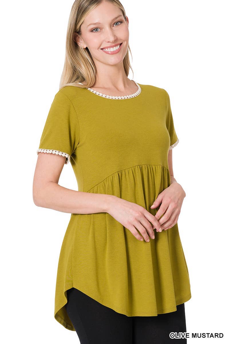 OLIVE MUSTARD Short Sleeve Empire Waist Shirring Top for wholesale on Faire2