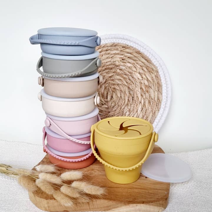 Rammelaartje - Vendita all'ingrosso Porta-snack - Bambini e neonati - Tazza snack pieghevole in silicone con coperchio - Grigio blu