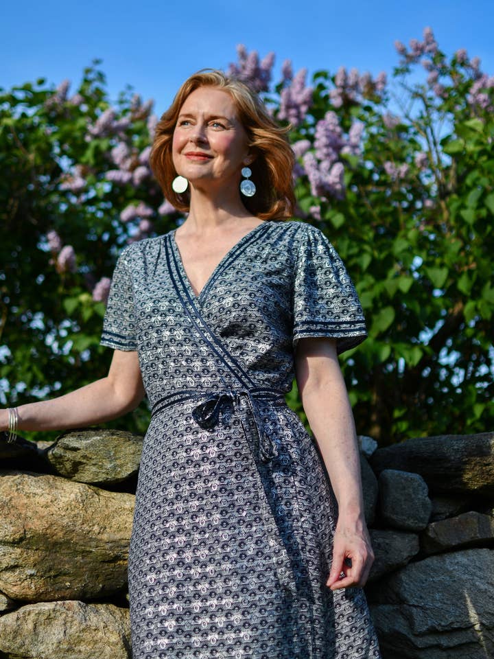 Navy Eyelash Foil Wrap Dress for wholesale by Genhappy