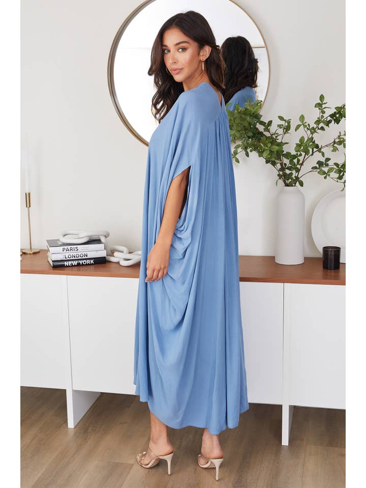 MILIO MILANO – Vestido - Mulher por atacado – VESTIDO CAFTAN BATWING COM BOTÕES NA FRENTE (821731-AZUL DENIM)2