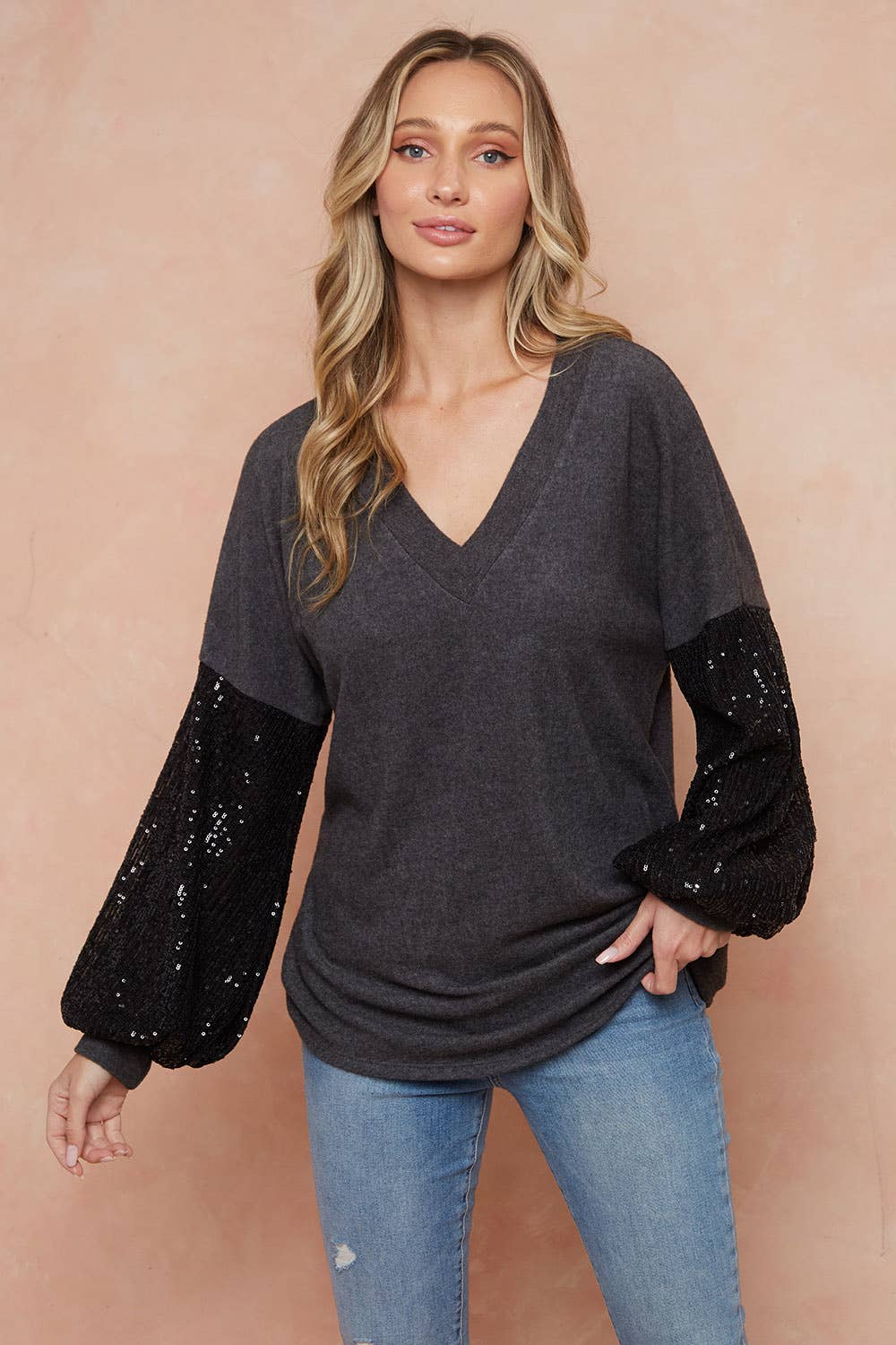 lovely melody – Túnica - Mulher por atacado – TÚNICA DE MANGA BALÃO DE LANTEJOULAS COM DECOTE LMT2869-V9