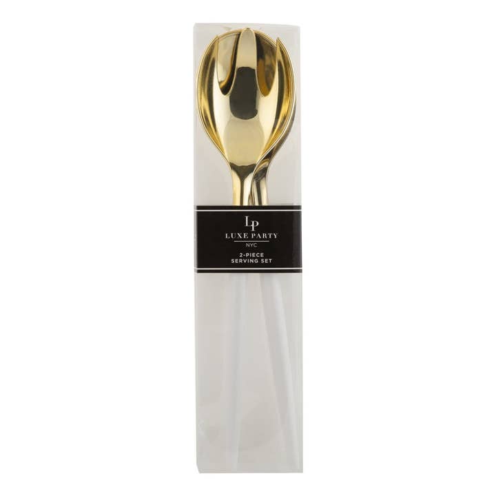Luxe Party - Wholesale Serving Utensil - White / Gold Plastic Serving Fork • Spoon Set2