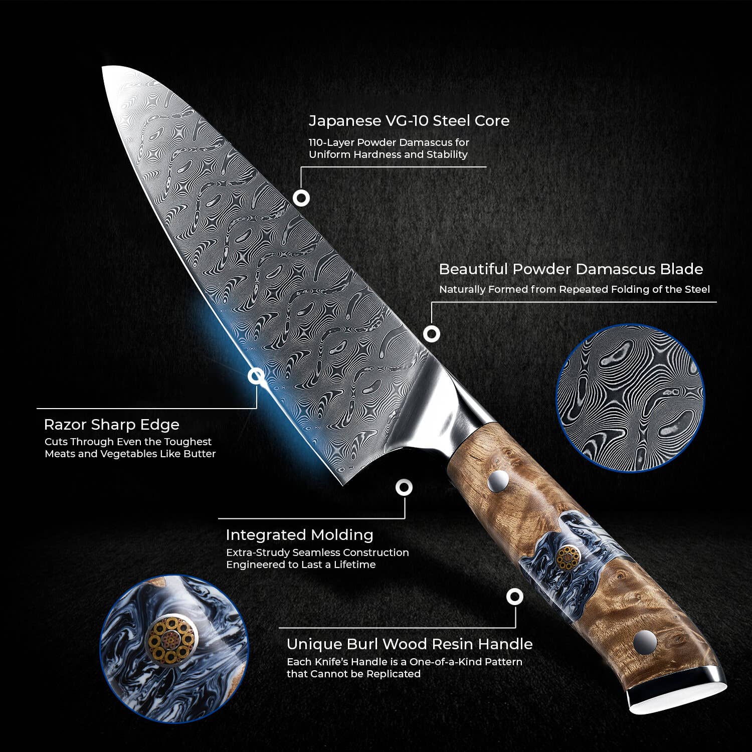 Senken Knives - Vendita all'ingrosso Coltelli da cucina/multiuso - Coltello da Chef Giapponese in Acciaio Damasco a 110 Strati con Polvere VG104