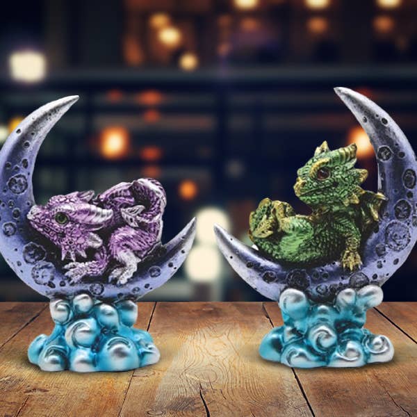 2-PC Set 4"H Green & Purple Twin Dragon Brothers on Moons for wholesale by FC Design