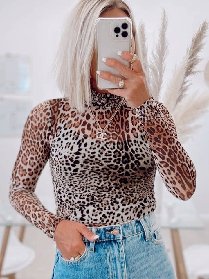 Brown Leopard Smocked Neck Mesh Long Sleeve Bodysuit for wholesale on Faire