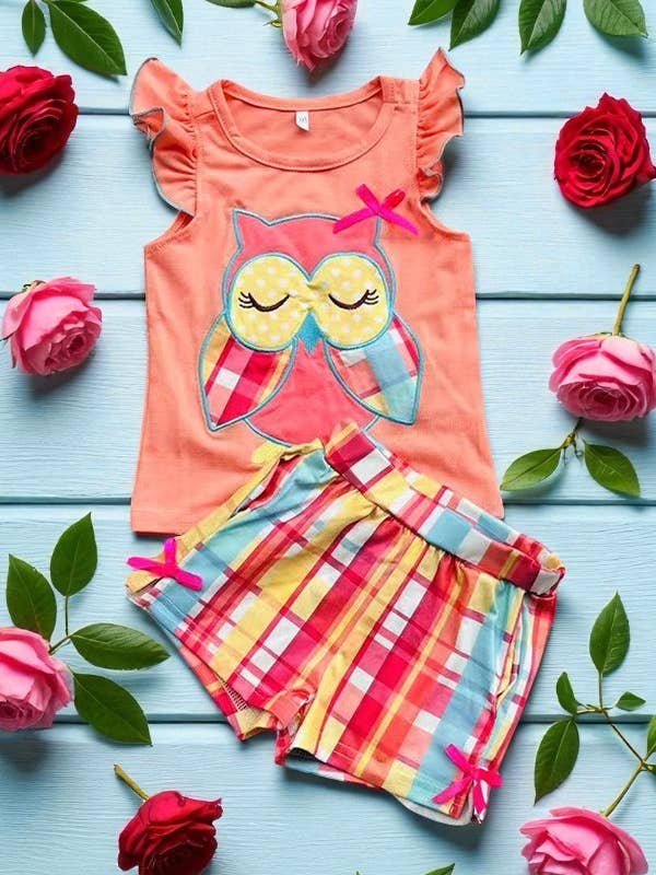 Plaid owl embroidery coral top shorts girls sets DLH2883 for wholesale by luluclothes