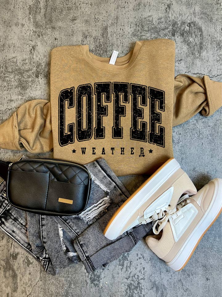 Hustle+Heart - Wholesale Graphic Sweatshirt - Women's - Distressed Coffee Weather Crew Sweatshirt (DF1025)