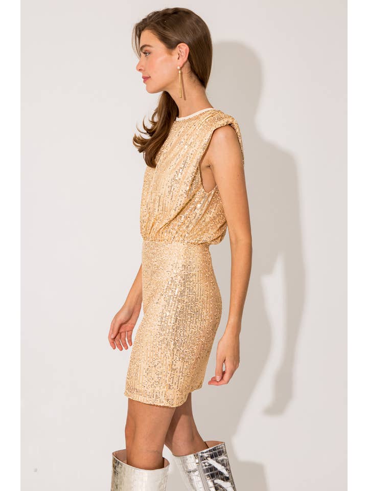 CHAMPAGNE POWER SHOULDER SEQUINS MINI DRESS for wholesale on Faire3