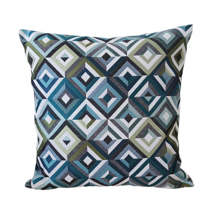 Teal blue vintage geometric pattern decorative pillow for wholesale by Les P'tits Coussins