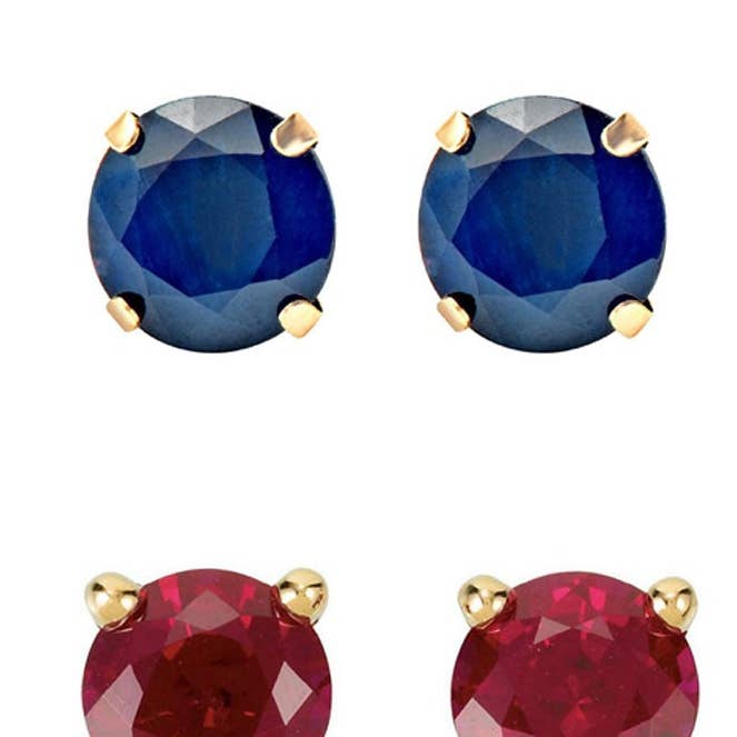 Runde Ohrstecker aus 14-karätigem Gelbgold, 1 Karat künstlicher blauer Saphir und Rubin, 2 Paar für den Großhandel von Paris Jewelry