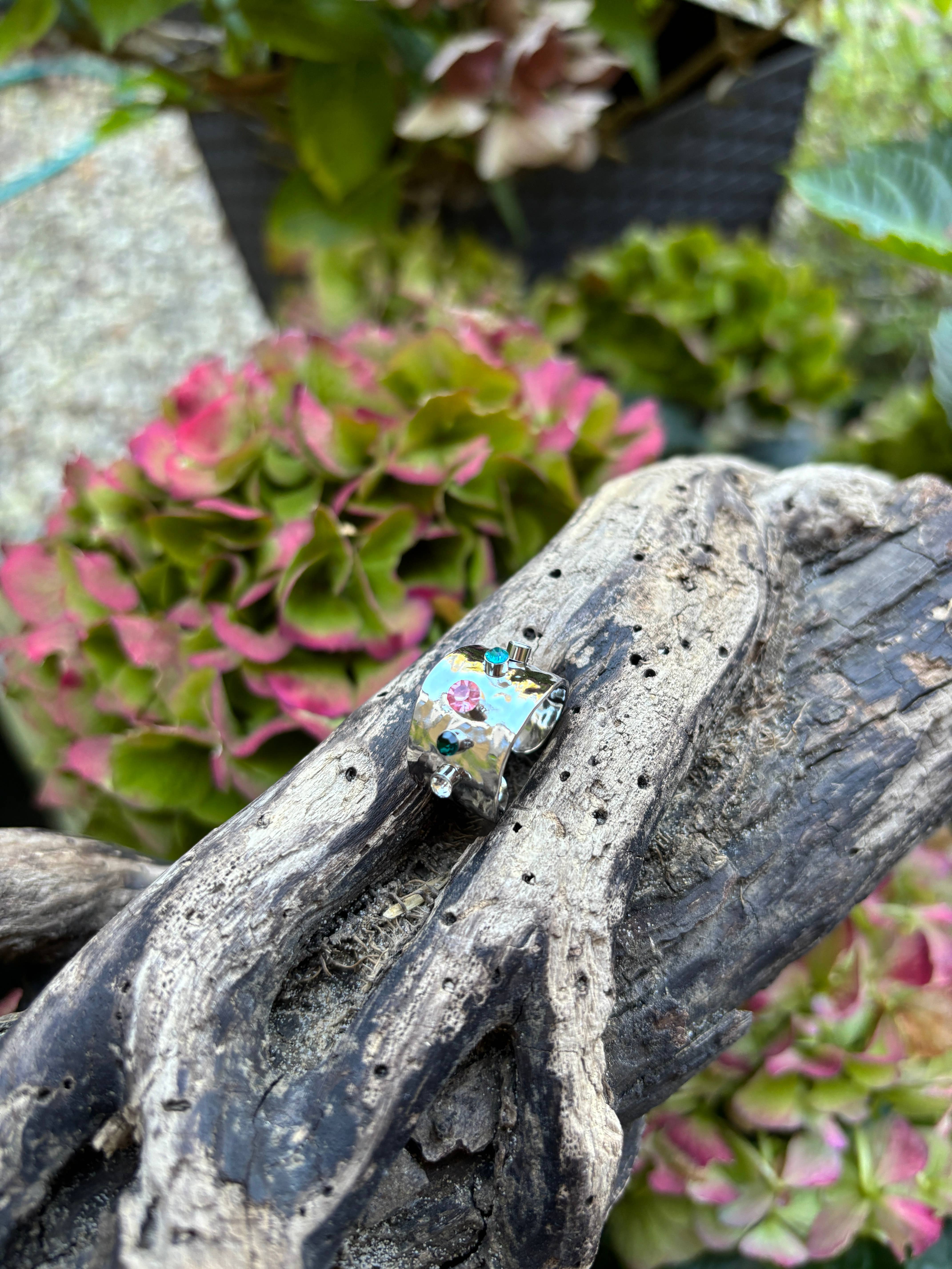 Ocean Ripples - Wholesale Cocktail/Statement Ring - Stainless Steel Cubic Zirconia Hammered Adjustable Ring 3