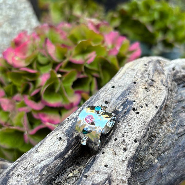 Ocean Ripples - Wholesale Cocktail/Statement Ring - Stainless Steel Cubic Zirconia Hammered Adjustable Ring 3