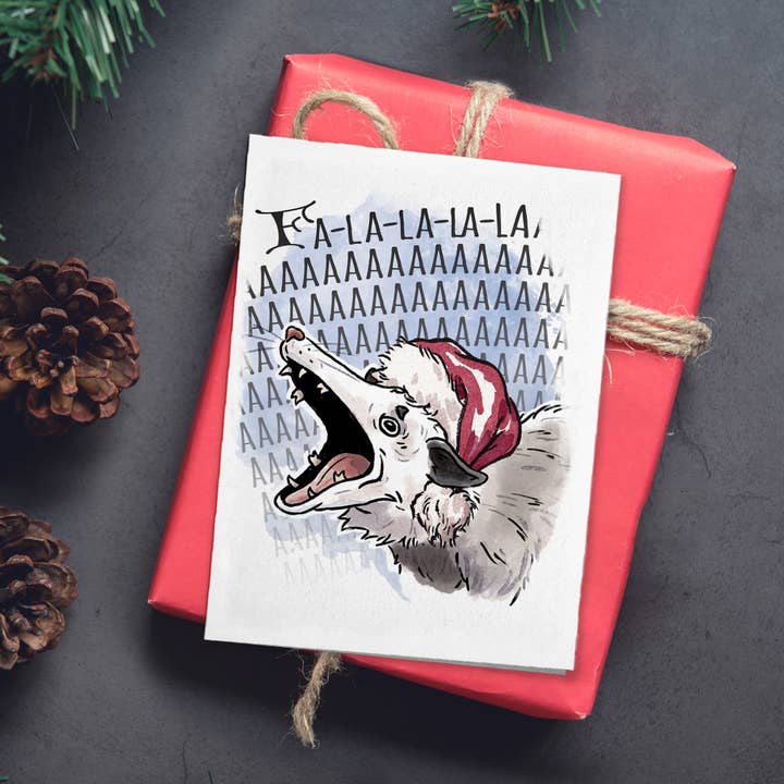 Aaron Millard Illustration - Wholesale Christmas Card - "Fa La L-AAAA" - Funny Stressed Possum Meme Christmas Card