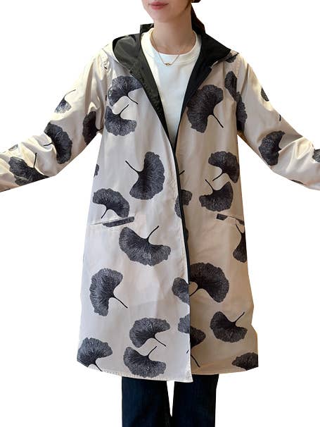 Black / Cream Ginkgo Reversible Zipper Hooded Rain Coat for wholesale by Winding River