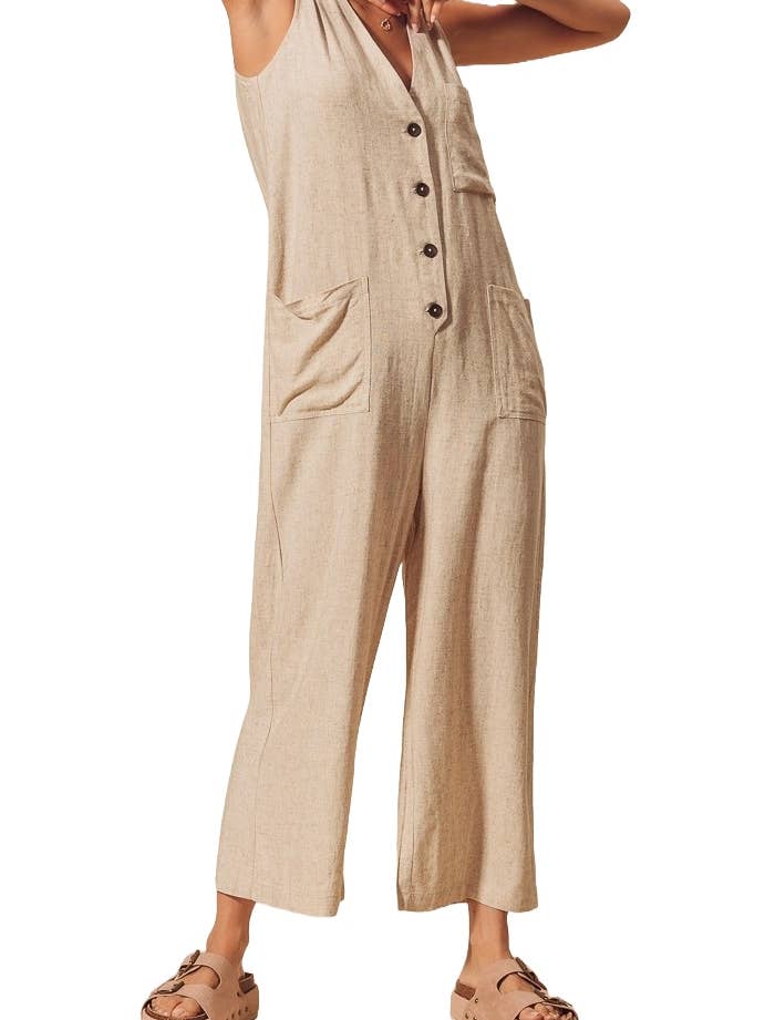 Linen Blend V Neck Button Down Summer Jumpsuit for wholesale by Vanilla Monkey