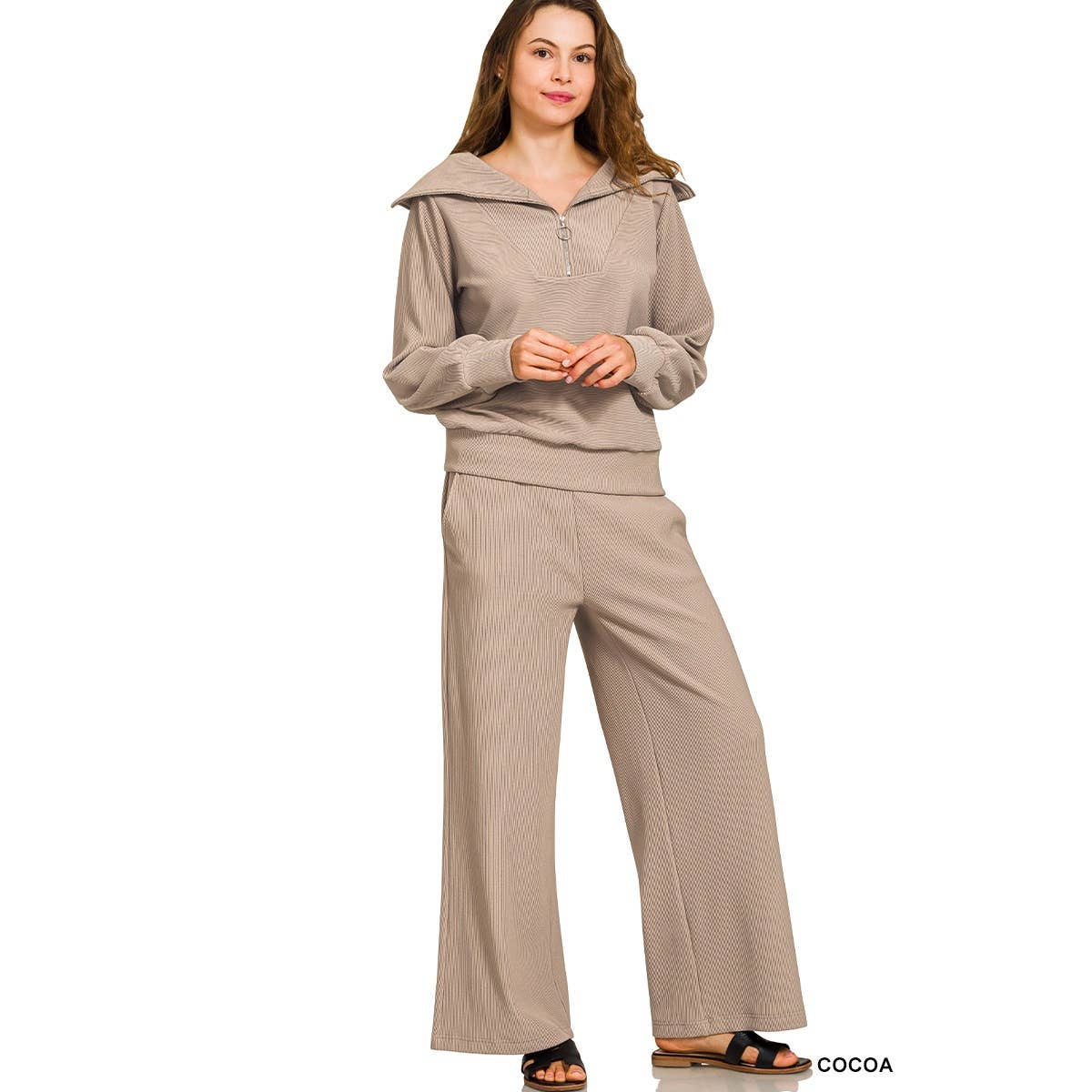 HiteJeans - Wholesale Lounge Set - Women's - Ribbed high neck half zip pullover pants set0