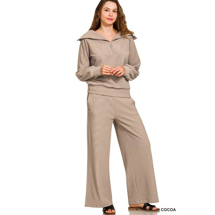 HiteJeans - Wholesale Lounge Set - Women's - Ribbed high neck half zip pullover pants set