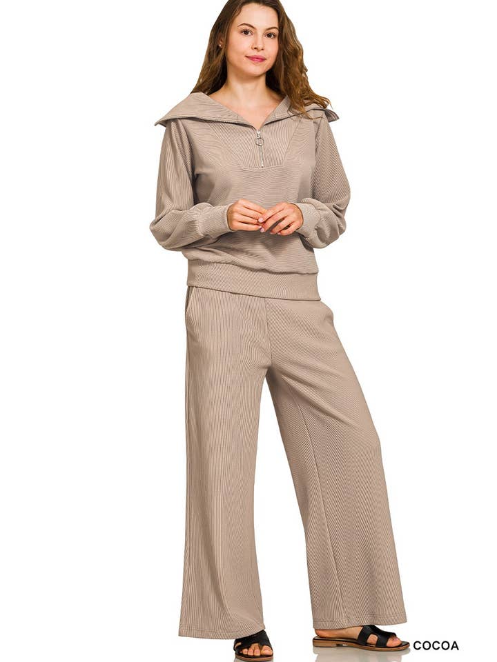 Ribbed high neck half zip pullover pants set for wholesale by ITSSY