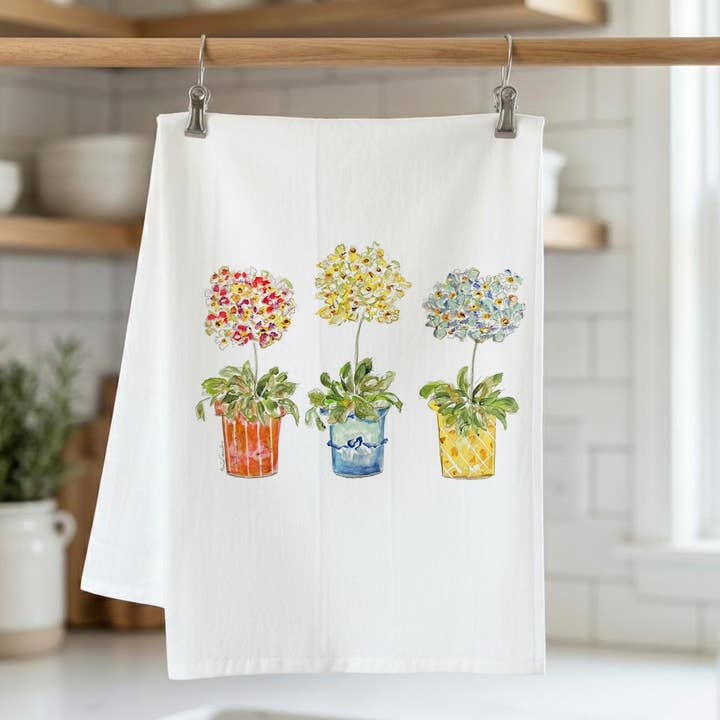 Primrose Pots Kitchen Towel for wholesale by Pamela Cassidy Designs